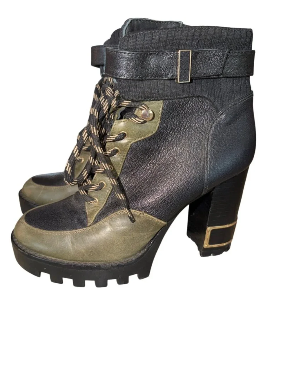 Antonio Melani Lug Sole Leather Lace-Up Ankle Boots Black/Green Womens 8 Modern